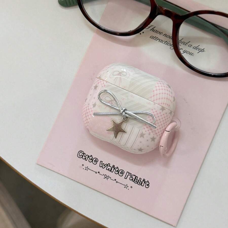 極簡日韓歐美風粉色拼接星星蝴蝶結掛環耳機保護套，適用於 Apple AirPodsPro3/AirPodsPro2/AirPodsPro/AirPods4/AirPods3/AirPods2，時尚女款極簡 Apple 耳機保護殼