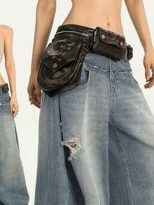 Sac de taille multifonctionnel style western rétro américain, ceinture style wasteland, personnalisé Y2K, pour fille à la mode, rivets robustes, large taille - Noir - Voir 3