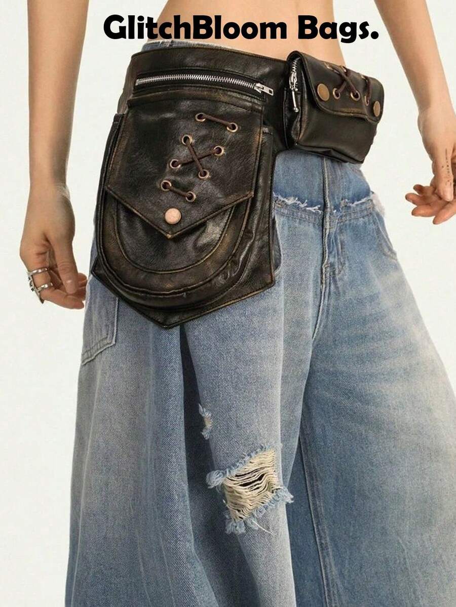 Sac de taille multifonctionnel style western rétro américain, ceinture style wasteland, personnalisé Y2K, pour fille à la mode, rivets robustes, large taille - Noir - Voir 1