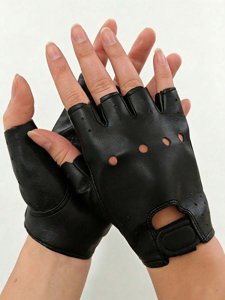 1 par de guantes de media falange de alto rendimiento, guantes de baile punk con dedos abiertos, adecuados para deportes al aire libre y uso diario - Negro - Ver 1