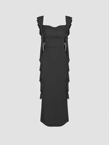 Elegant Slim-Fit Mesh Fishtail Dress With Delicate Ruffle Design For Women Party Evening Wedding Guest Cocktail Dresses - Black - View 1