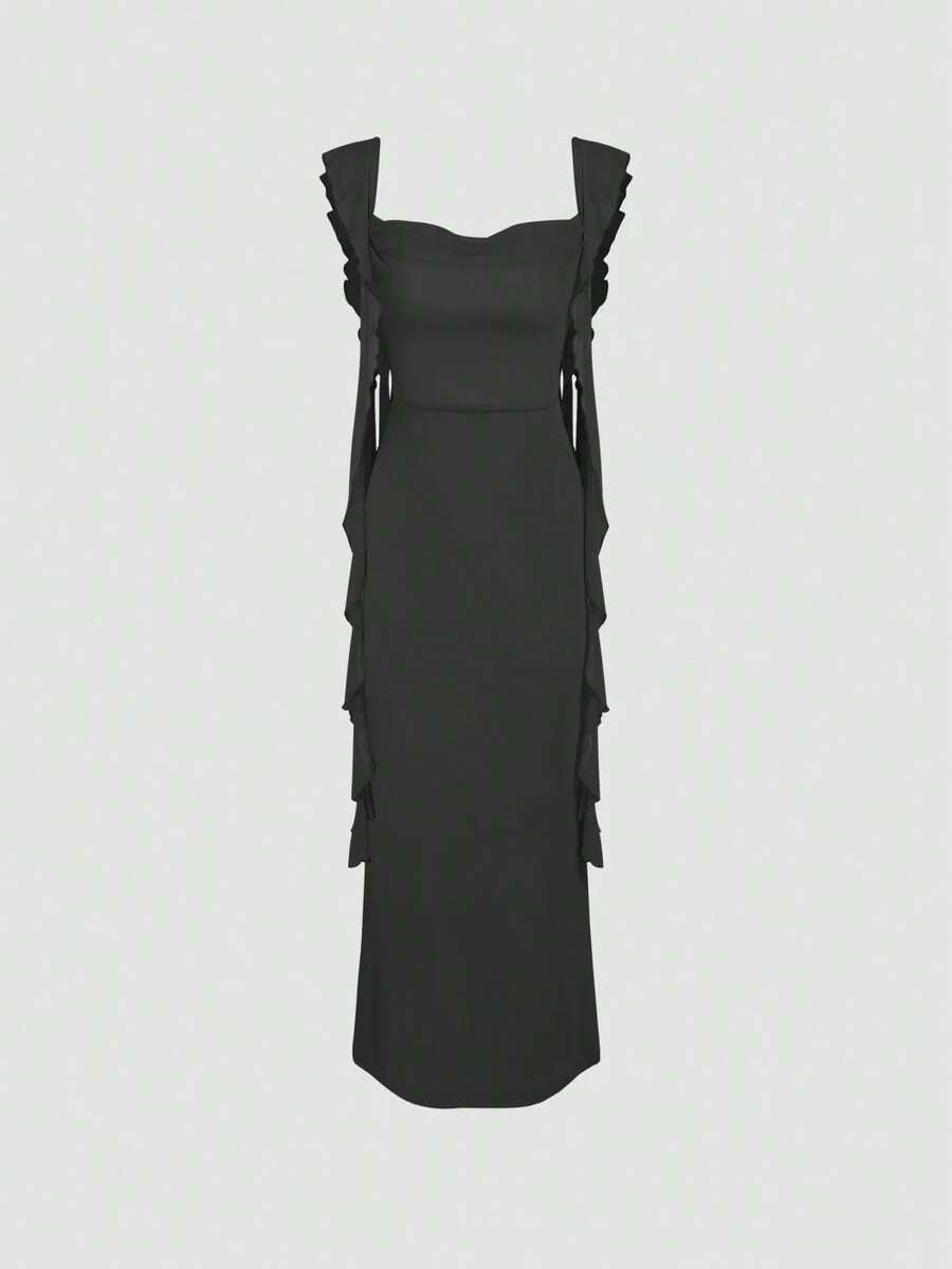 Elegant Slim-Fit Mesh Fishtail Dress With Delicate Ruffle Design For Women Party Evening Wedding Guest Cocktail Dresses - Black - View 1