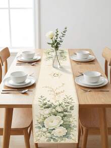 1pc Beige Linen Wedding Table Runner, White Rose/Eucalyptus Leaf/Wedding Ring/Gold Vine Print, Fade-Resistant Machine Washable, Romantic Wedding Table Decor Fabric, Suitable For Wedding, Engagement, Banquet, Party, Home Decor - Multicolor - View 8