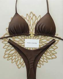 2026 New High-End Solid Color Halter Neck Triangle Cup Bikini Sexy Push-Up Two-Piece Beach Swimsuit Exclusive Supply - 黑色 - 查看 7