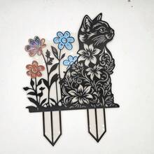 1個可愛貓咪抱球壓克力花園插樁，2D平面防水戶外庭院藝術，耐候草坪與露台裝飾，適合花園/花盆/小徑裝飾 - C - 查看 2