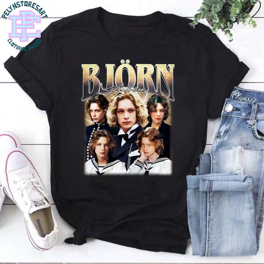 Funny Crew Neck T-Shirt For Men And Women Plus Size, Women's Fashion T-Shirt, Vintage Bootleg Björn Andrésen T-Shirt, "Death In Venice" Movie Art T-Shirt, Retro Style Movie T-Shi - 後退 - 查看 1