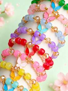 Bộ 6 chiếc/lô vòng tay hạt treo bướm màu sắc tinh tế thời trang cho nữ, vòng đeo tay co giãn xếp chồng nhiều màu, trang sức ngọt ngào mix tiệc, quà tặng - Vòng tay đính hạt hình bướm Daisy - Xem 3