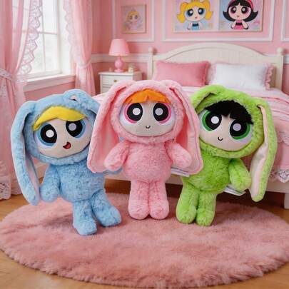 THE POWERPUFF GIRLS Muñeca de peluche auténtica de Las Chicas Superpoderosas con orejas de conejo lindas estilo anime, decoración para dormitorio de niña, regalo de cumpleaños y Navidad