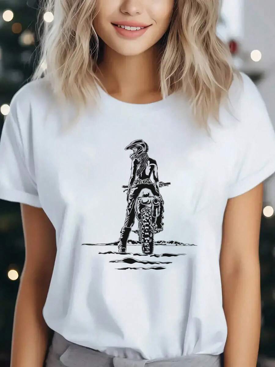 Camiseta de Mujer con Estampado Creativo, Moda para Todas las Estaciones, Simple, Casual, Cómoda, Moderna, Suave, Fitness, Deportes Diarios al Aire Libre, Estilo Versátil para Todas las Temporadas, Camiseta de Cuello Redondo y Manga Corta Transpirable - Blanco - Ver 1