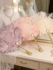Vintage Court Style Luxurious Artificial Feather Fan, Exquisite Carved Gold-Plated Handle Inlaid With Rhinestones And Pearls. Suitable For Photography Props, Banquet Ball Handheld Fan, Fashion Accessories And Home Decor. Perfect Mother's Day Gift, Travel Essential, Ideal Wedding Favor. - Fan - View 7