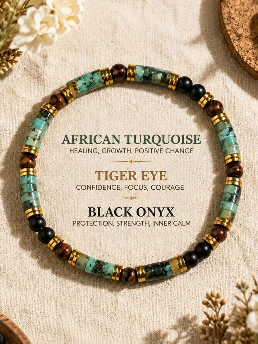 YAUKIA Bohemian Triple Protection Bracelet , African Turquoise , Tiger Eye & Obsidian Beaded Bracelet ,Brings Abundance , Stackable Adjustable Jewelry Gift - Multicolor - View 1