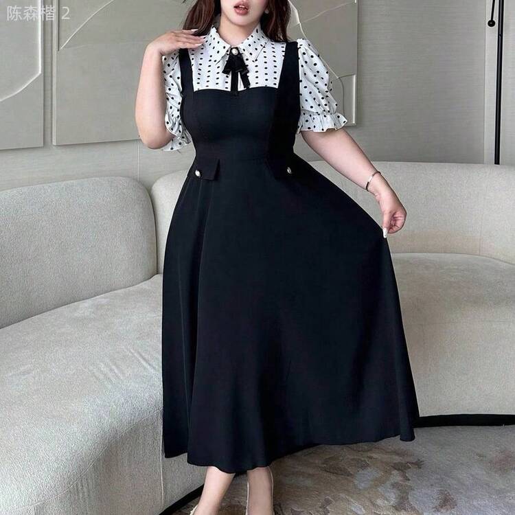 xuehuamaoyi02 Vibekara Vestido midi de línea A elegante y vintage casual con cuello vuelto, manga corta, botones de contraste de color y lunares para mujer de talla grande - Multicolor - Añade 4