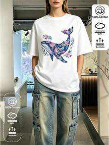 A Stylish And Elegant White T-Shirt Featuring A Versatile Blue Whale Print – Perfect For Everyday Wear, School Life, Beach Vacations, And Relaxing At Home. - 魏斯 - 查看 2