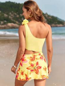 Trajes de Baño para Mujer Completos Bañador con Un Hombro Cintura al Descubierto con Falda para Playa - Amarillo - Ver 10