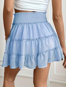 Women's Bohemian High Waist Mini Skirt With Ruffles And Shorts - Lightweight, 100% Polyester, Machine Washable, Solid Color For Casual And Formal Outfits - 淺藍色 - 查看 2