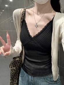 New Lace Camisole Top For Women, Apricot Color, Slim Fit, Versatile, With Padded Bust Black Casual Summer - Black - View 3