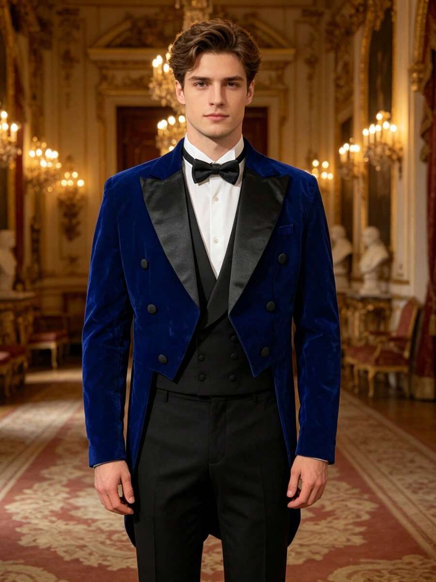 British Style Velvet Tailcoat Men's Slim Fit Satin Peak Lapel Double Breasted Evening Formal Jacket - Blue - View 1
