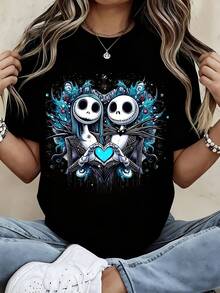 Disney Crew Neck  T Shirt Black Jack Skellington And Sally Heart Design For Casual Wear - 黑色 - 查看 1