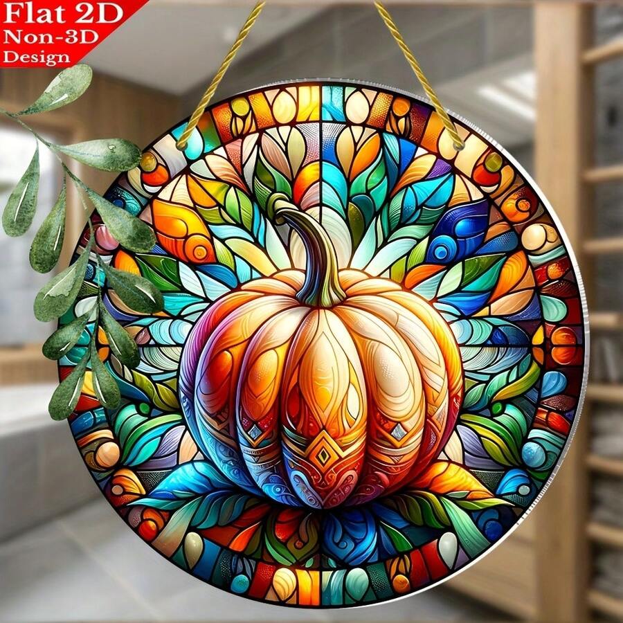 2D Flat, Painted-Style Pumpkin Light Catcher (8inchx8inch), Circular Window Decoration Pendant, Suitable Living Rooms, Bedrooms, Offices, Coffee Shops, Indoor And Outdoor Decoration, Holiday Decoration, 2D Flat - 1PC - 查看 1
