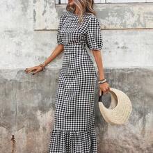 Vestido midi con espalda abierta, lazo en la cintura y mangas abultadas con estampado de cuadros retro francés para mujer - Perfecto para vacaciones y oficina AG - Amarillo - Ver 6