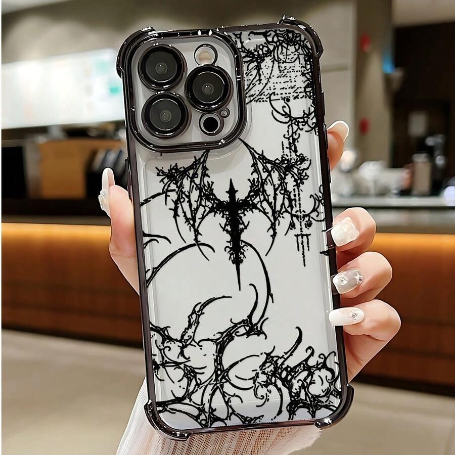 [ Ships Within 24 Hours From Germany ] A Decadent Gothic Bat And Thorn/Spine Sketch Printed  Case, Electroplated Anti Drop Border/Corner Protection, Transparent TPU Protective Cover/Phone Case/Shell, Dark Retro Aesthetic Design, Anti Drop And Scratch/Scratch Resistant, Suitable For  17-11 Pro Max Plus.  GalaxyS21-S26 PLUS FE ULTRA EDGE And More Models. - 1 - View 1