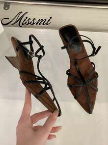 Retro Thin Strap Sandals, Unique Design Asymmetric Wedge High Heels, Open Toe, Summer Shoes For Women - Black - View 1