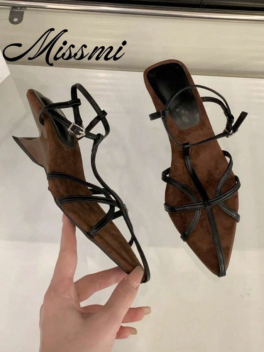 Retro Thin Strap Sandals, Unique Design Asymmetric Wedge High Heels, Open Toe, Summer Shoes For Women - Black - View 1