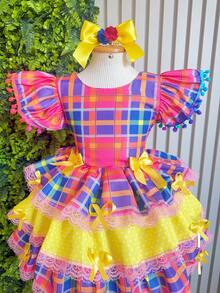 Children's Checkered Dress For June Festival, Colorful Pink And Yellow, Ruffles And Ribbons, Country Style, Luxury - Nhiều màu - Xem 2