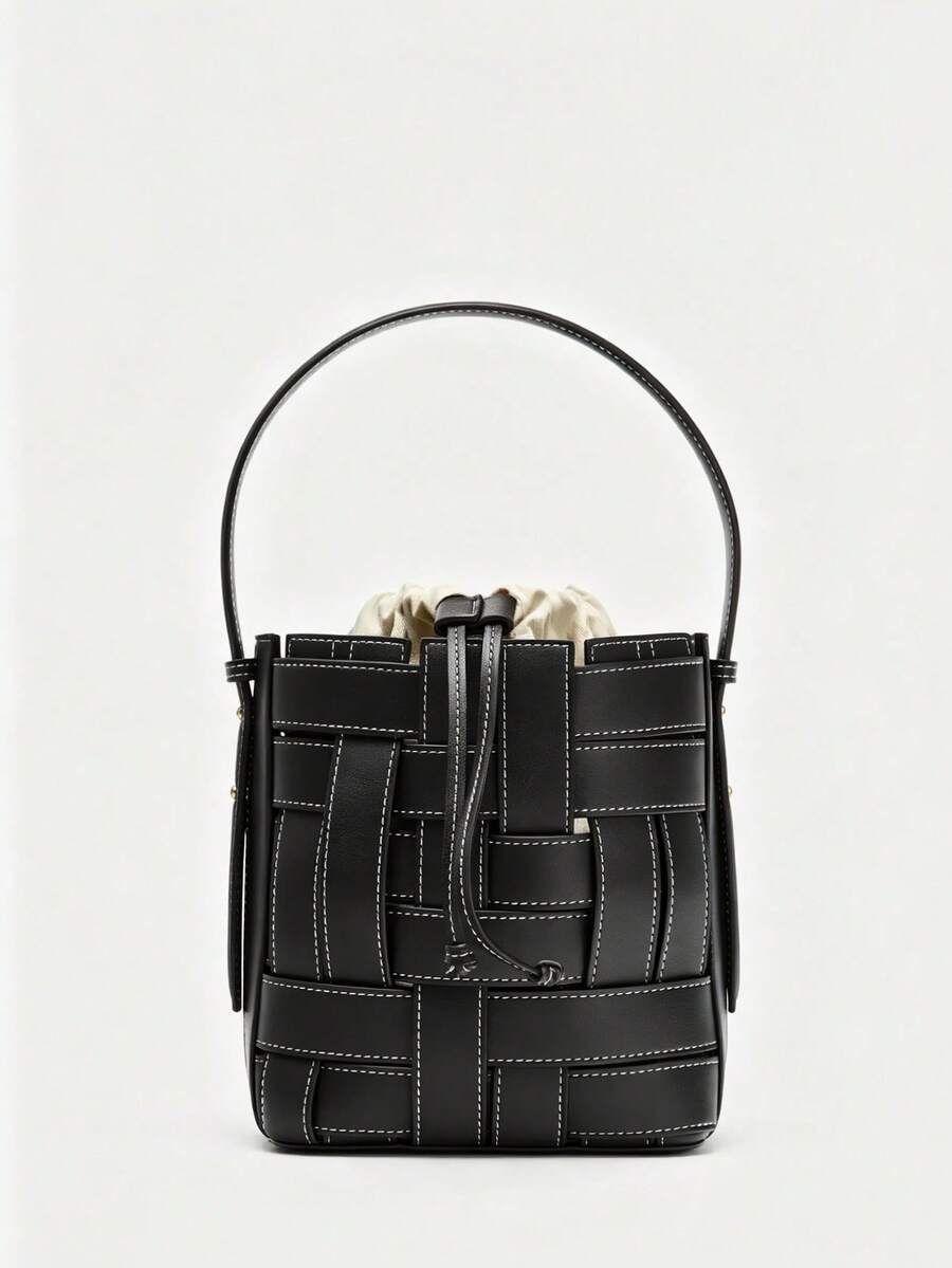 2026 Summer New Woven Drawstring Bucket Bag, Crossbody Bag For Women - Black - View 1