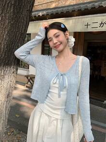 輕量開襟衫 春夏新品 長袖 淺藍色 女款甜美針織短版前綁帶鏤空開襟衫 休閒上班約會度假街拍百搭 - 藍色 - 查看 4
