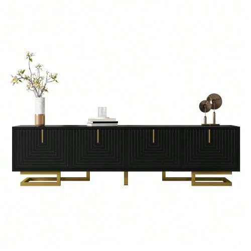 Low TV Unit With Textured Doors, Gold Handles And Legs - 黑色 - 查看 1
