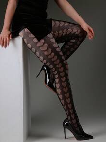 1pc Curve Tights Women's Stretchy Fitted French Vintage Vertical Heart Jacquard Pantyhose, Spring/Summer Thin Sexy Hollow Fishnet Tights, Slimming Leggings, Fashion Versatile Y2K For Halloween And Christmas Outfits - Black - View 3