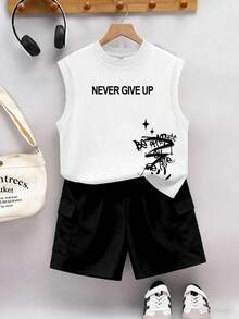Teen Boys Casual Minimalist Letter & Graffiti Print Sleeveless Round Neck Tank Top + Cargo Pants Spring/Summer Comfortable New Style Set - Multicolor - View 2