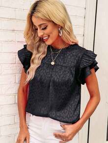 Women's Blouse 2026, New Summer Fashion, Versatile, Printed, With Ruffled Sleeves And Wavy Neck - 黑色 - 查看 1