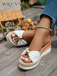 WRCVS White Thick Sole Woven Strap Sandals Summer Sandals Rope Sole Stylish Vacation Sandals Metal Buckle Decor Lightweight Shoes Bohemian Style Platform Shoes Big Butterfly Sexy Shoes - White - View 4