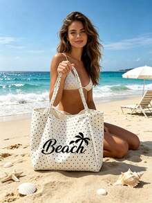 白色波點海灘托特包，印有「Beach」字樣與棕櫚樹圖案，大容量帆布單肩包，可重複使用，適合購物與旅行，可折疊帆布單肩托特包，通勤包，平板電腦包，收納包，夏季必備旅行包，適合海灘旅行、泳池日、購物與日常使用，適合女性、旅行者與海灘愛好者，完美適用於春假、復活節、母親節、度假與送禮 - 彩色 - 查看 5