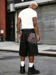 Men Six-Point Shorts Retro Cherry Blossom Embroidered Loose Wide-Leg Denim Jeans With Fake Pockets In Back - Black - View 2