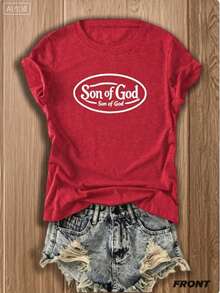 Women's Pink Cotton Short Sleeve Round Neck T-Shirt With 'Son Of God' Front & Back Graphic Print, Casual Regular Fit Top For Summer - 粉色 - 查看 7