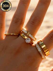 Znice 2026 New Stainless Steel 18K Gold Plated French Minimalist Personalized Full Rhinestone Flower Ring Set, Stackable Or Single Wear, Suitable For Party, Gift, Daily Wear, Various Occasions, Durable Jewelry, Waterproof And Non-Fading, For Beach Vacation - Golden 7 - View 3
