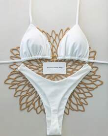 2026 New High-End Solid Color Halter Neck Triangle Cup Bikini Sexy Push-Up Two-Piece Beach Swimsuit Exclusive Supply - 黑色 - 查看 8