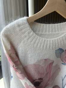 Suéter de punto de manga larga estampado para mujer, ajuste regular, dobladillo de punto acanalado, elasticidad media, adecuado para uso en otoño/invierno, rosa vacaciones - Rosa - Ver 6