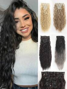 Synthetic Clip-In Hair Extensions 6pcs/Set 24 Inch Long Corn Wave Style Clip-In Hair Pieces For Women And Girls Daily And Party Use, Halloween - Multicolor - View 1