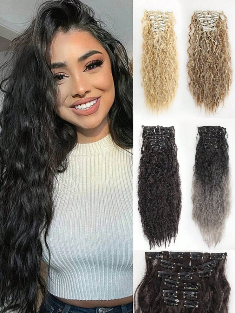 Synthetic Clip-In Hair Extensions 6pcs/Set 24 Inch Long Corn Wave Style Clip-In Hair Pieces For Women And Girls Daily And Party Use, Halloween - Multicolor - View 1