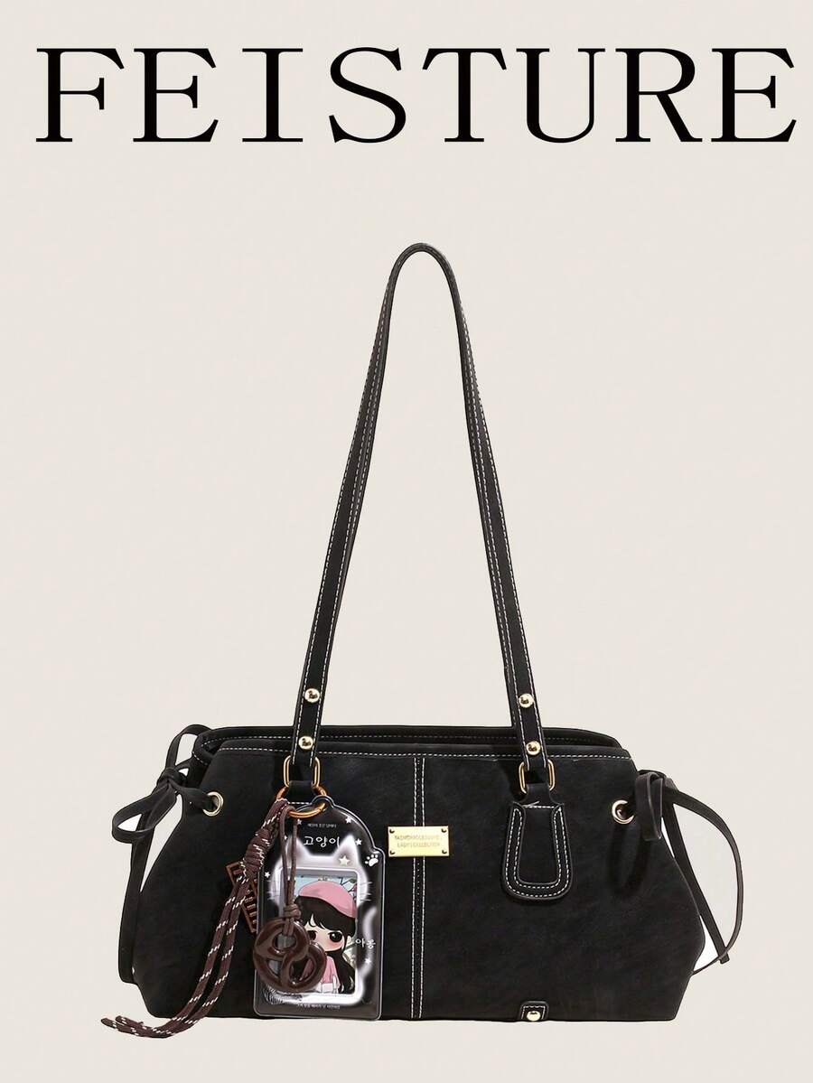 1pc FEISTURE Fashion Lace-Up One Shoulder Underarm Bag, Large Capacity Women's Commuter Bag, With Rope Knot Pendant, Suitable For Daily Outings, Dates, Commuting - Black - View 1