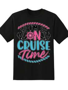 Camiseta con diseño de ancla náutica y timón de barco de la marca I M On Cruise Time, ideal para vacaciones, viajes y cruceros, ropa de verano suave. - Negro - Ver 2