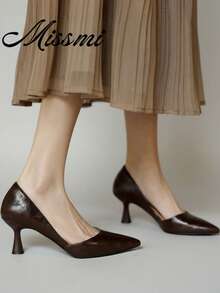 2025 Nuevos tacones de aguja de estilo francés de tacón medio en color púrpura, zapatos de trabajo y uso diario para mujeres, para primavera/otoño, tacones de gatito - Marrón - Ver 8