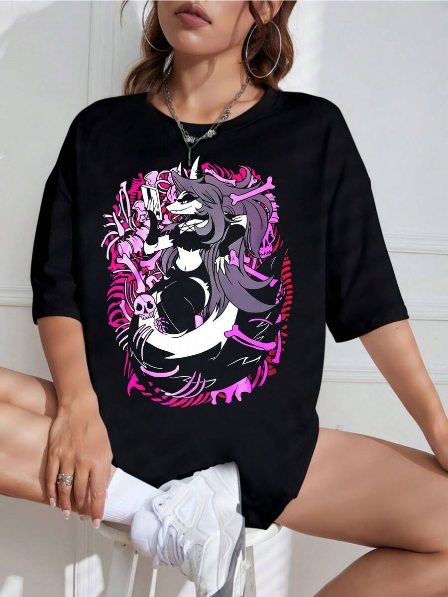 Shirt, Sweater, Hoodie, Hazbin Hotels, Unisex Cartoon Print T-Shirt, Gift For Hellaverse Fans, New For 2026, Unisex T-Shirt, Plus Size Friendly, Vivziepop Fan Merchandise, Pink S - 黑色 - 查看 1