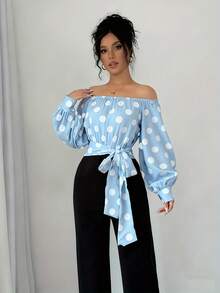 Elegant Women's Off-Shoulder Blouse With Polka Dots And Front Bow - Puff Sleeves, Round Neck, White, Machine Washable, Ideal For Casual Or Semi-Formal Wear In All Seasons - 藍天 - 查看 4