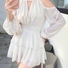 dagjydgfyja  Vestido corto casual, de oficina y para citas con hombros descubiertos, mangas farol, volantes en la cintura y bajo, para primavera/verano/otoño - Rojo - Ver 6