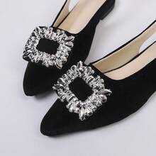 Velvet Rhinestone Square Buckle Pointed Toe Slingback Flat Shoes, French Elegant Low Vamp Flat Ballet Shoes Solid Color Fashion Rhinestone Women's Flat Shoes Wedding Spring Autumn - Black - View 3